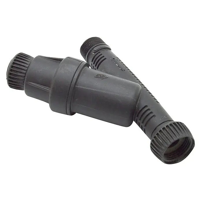Filtro de presión Y - ¾″ - Dos filtros de riego negros, útiles para prevenir obstrucciones y garantizar un suministro de agua limpia para las plantas.