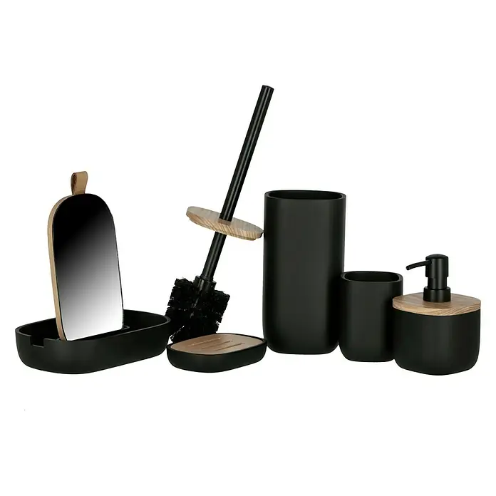 Venus Katta Seifenspender - Schwarz, Polyresin - Schwarzes Bad-Accessoire-Set mit Holzdetails, einschließlich Seifenspender, Zahnbürstenhalter, Toilettenbürste und Spiegel.