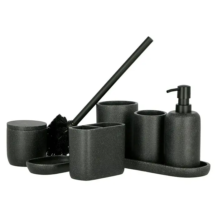 Camargue Portacepillos Stone - Ø x Al: 7,4 x 11,5 cm, Plástico, Negro - Juego de baño completo en antracita oscuro con dispensador de jabón, vasos, cepillo y estante para un ambiente elegante.