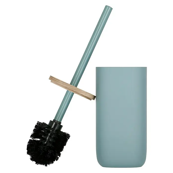 Venus Katta WC-Bürstengarnitur - Blau, Polyresin - Eine moderne WC-Garnitur in blaugrün mit einer Toilettenbürste und einem passenden Halter auf einem schwarzen Hintergrund.