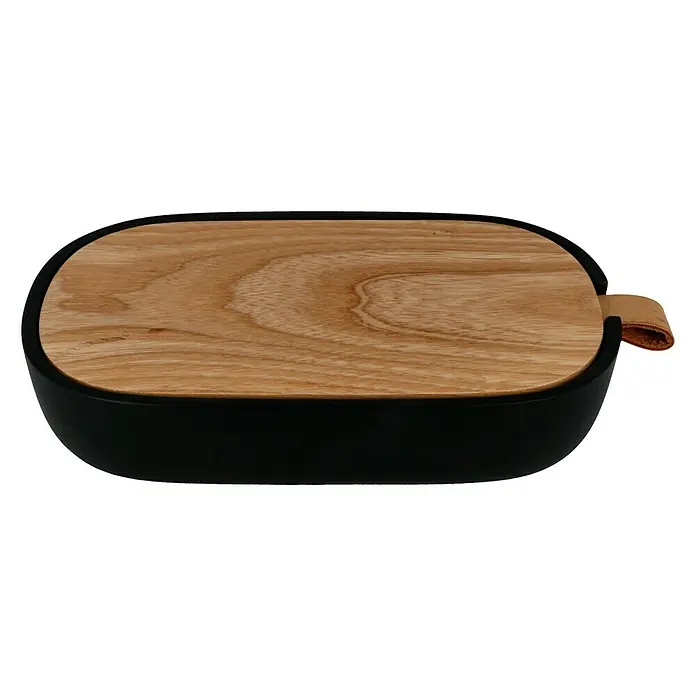 Venus Katta Kosmetikspiegel - 20,5 x 9,5 x 12,5 cm, Schwarz - Eine ovale, schwarze Vorratsdose mit einem hellen Holzdeckel und einem braunen Ledergriff, ideal für die Aufbewahrung.