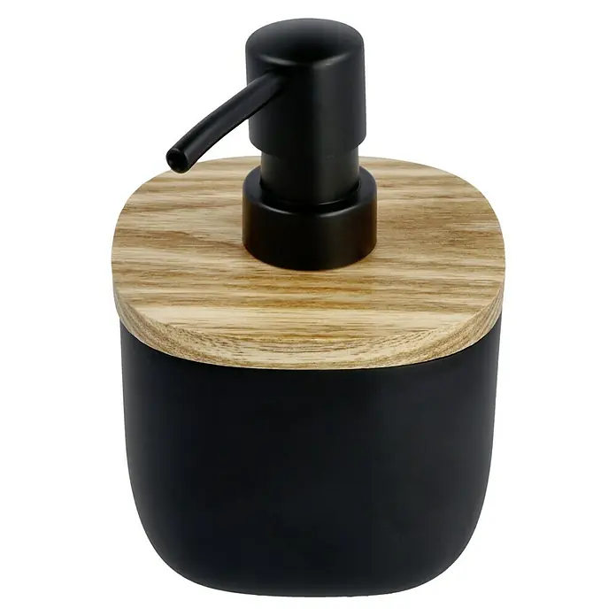 Venus Katta Seifenspender - Schwarz, Polyresin - Nahaufnahme eines schwarzen Seifenspenders mit Holzdeckel, der ein elegantes und modernes Badezimmeraccessoire darstellt.
