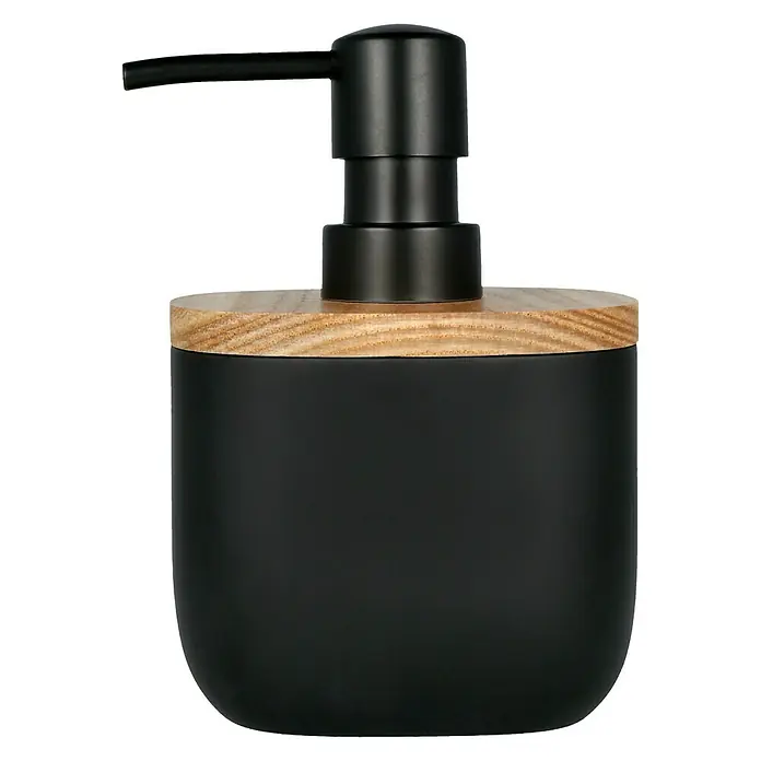 Venus Katta Seifenspender - Schwarz, Polyresin - Schwarzer Seifenspender mit Holzdeckel und schwarzer Pumpe, minimalistisches Design für Badezimmer oder Küche.
