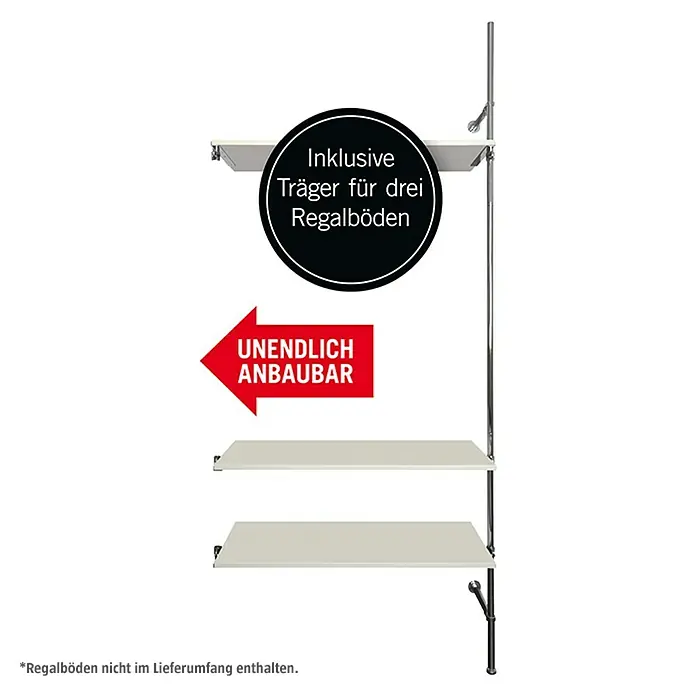 Easy Connect Regalsystem-Anbaumodul - Passend für: 3 Regalböden - Produktabbildung eines wandmontierten Regalsystems mit drei Regalböden und Hinweisen zur Erweiterbarkeit und zum Lieferumfang.