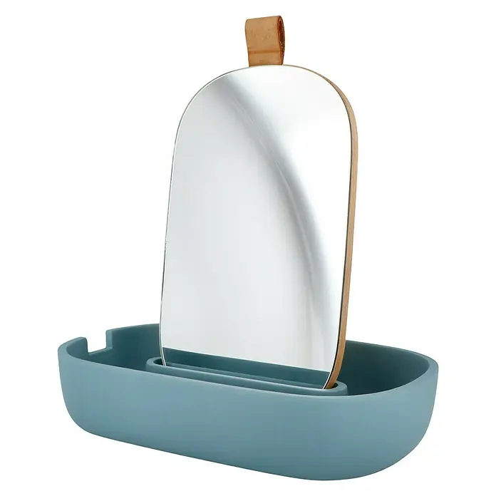 Venus Katta Kosmetikspiegel - 20,5 x 9,5 x 12,5 cm, Blau - Ein moderner, blauer Spiegel mit Holzrahmen und Lederaufhängung. Perfekt für stilvolles Badezimmer-Design und praktische Nutzung.