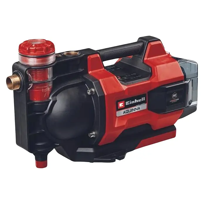 Einhell PXC 18V Bomba de agua para jardín de batería 36/38 F LED Automatic - 18 V, Iones de litio, Sin batería, Capacidad de bombeo máx.: 3.800 l/h - Imagen de una bomba inalámbrica Einhell Aquinna, ideal para riego de jardines y suministro de agua doméstico. Diseño compacto.