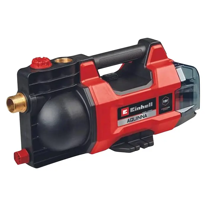Einhell Power X-Change 18V Akku-Gartenpumpe Aquinna 18/28 - 18 V, Li-Ionen, Ohne Akku, Max. Fördermenge: 2.800 l/h - Abbildung einer Einhell Akku-Gartenpumpe AQUINNA 18/30 mit rotem und schwarzem Gehäuse.