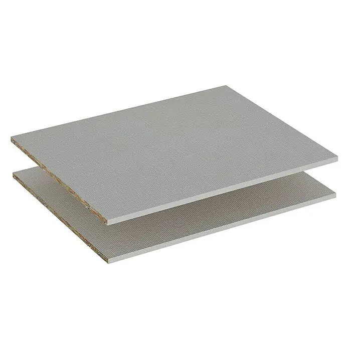Finsa Set de estanterías para el armario - L x An x Al: 71,8 x 57,3 x 1,6 cm, Beige - Detalle de dos placas de MDF grises apiladas, mostrando una textura fina, ideales para la fabricación de muebles y proyectos de interiorismo.