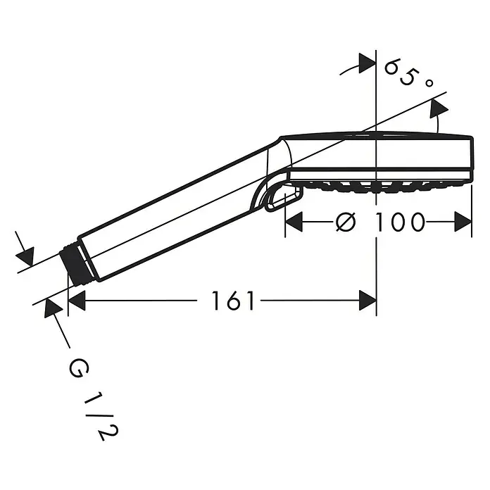 Hansgrohe Crometta Handbrause Vario - Anzahl Funktionen: 2 Stk., Durchmesser: 10 cm, Weiß/Chrom - Abbildung eines Handbrausekopfes mit Maßangaben für Durchmesser, Länge und Winkel für die Installation im Badezimmer.
