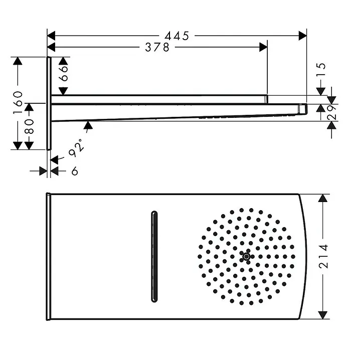 Hansgrohe Kopfbrause Raindance Rainfall 180 - 44,5 x 21,4 cm, Anzahl Funktionen: 2 Stk., Chrom - Technische Zeichnung einer Duscharmatur mit Bemaßungen.
