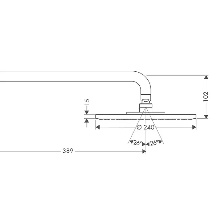Hansgrohe Kopfbrausen-Set Raindance S 240Durchmesser: 24 cm, 18 l/min, Wandmontage, Chrom - Technische Zeichnung des Duschkopfs mit Maßen und Winkeln. Durchmesser 240 mm, Höhe 102 mm, Ausladung 389 mm.