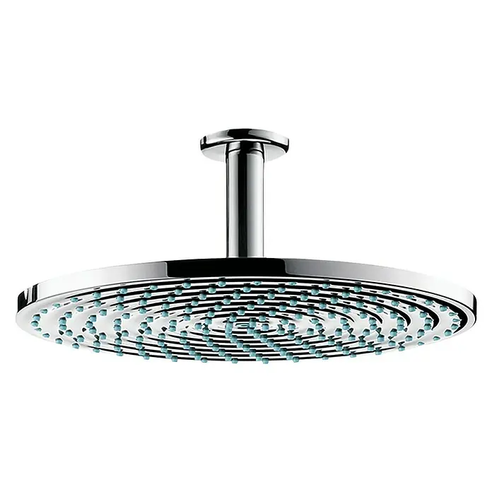 Hansgrohe Kopfbrausen-Set Raindance S 300 - Durchmesser: 30 cm, 20 l/min, Deckenmontage, Chrom - Eine glänzende, runde Kopfbrause mit blauen Düsen, die an einer polierten Chromstange befestigt ist.