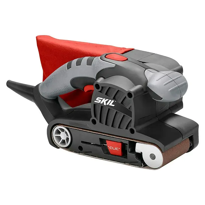 Skil Elektro-Bandschleifmaschine 1210 AA - 650 W - Abbildung eines SKIL Bandschleifers, ein Werkzeug zum Glätten von Oberflächen mit Schleifpapierbändern.