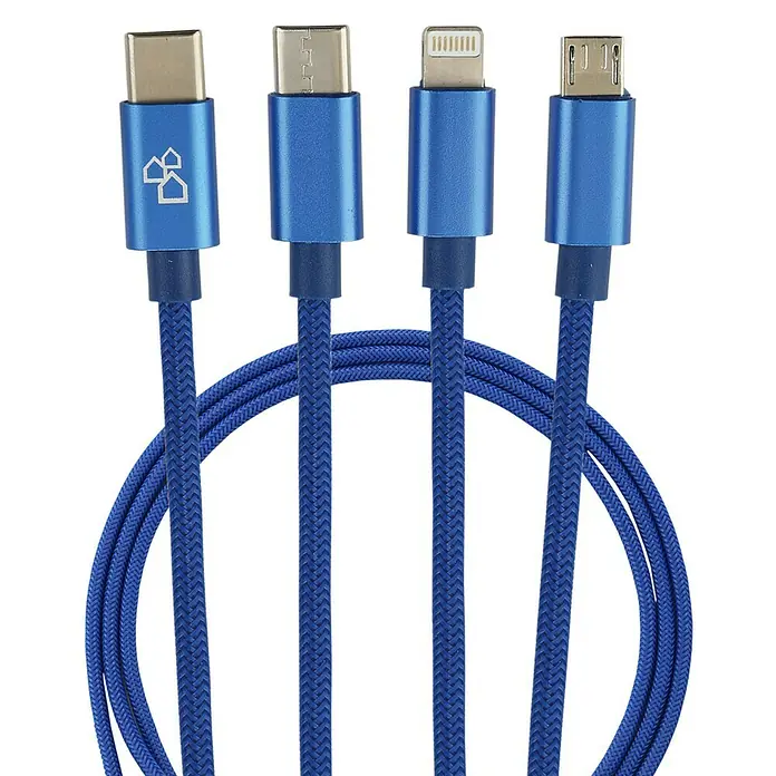 BAUHAUS Cable de carga USB - Azul, 1 m, Enchufe USB C, micro enchufe USB, enchufe para rayos - Un cable USB azul con varios conectores (USB-C, Lightning, Micro-USB) sobre un fondo negro.