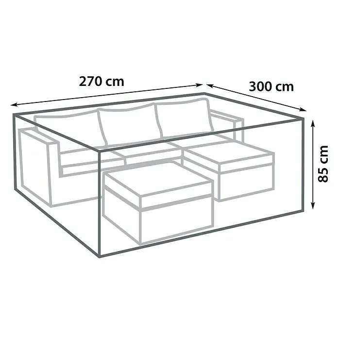 Sunfun Lounge-Set Schutzhülle - L x B x H: 270 x 300 x 85 cm, Kunststoff - Abbildung einer Abdeckung für ein Lounge-Set mit den Maßen 270 cm x 300 cm x 85 cm. Schützt Ihre Gartenmöbel effektiv vor Witterungseinflüssen.