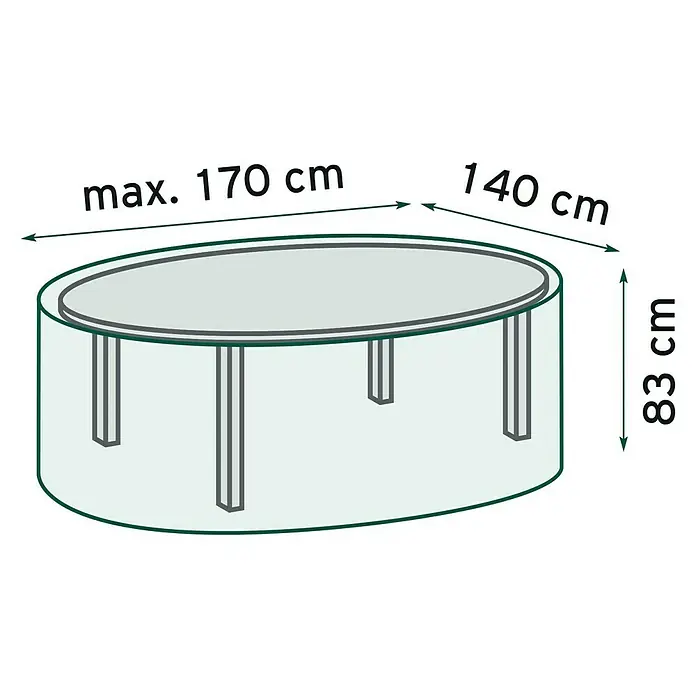 Sunfun Classic Gartentisch-Schutzhülle - L x B x H: 170 x 140 x 83 cm, PE-Bändchengarn, 90 g/m², Transparent - Abdeckung für ovalen Gartentisch mit den Maßen 170 x 140 x 83 cm zum Schutz vor Wettereinflüssen und Schmutz.