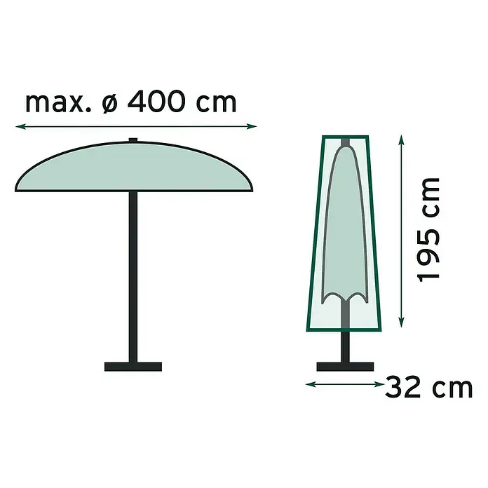 Sunfun Classic Schirm-Schutzhülle Marktschirm - Kunststoff, Passend für: Schirme mit Ø 200 - 400 cm - Bild einer technischen Zeichnung eines Sonnenschirms mit Abmessungen, die die Grösse und die Abmessungen im geschlossenen Zustand zeigen.
