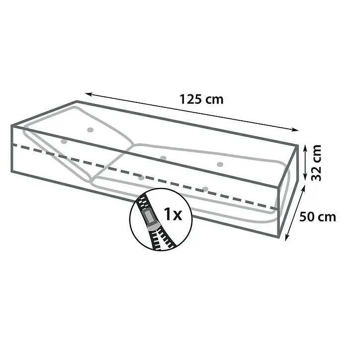 Sunfun Auflagen-Schutzhülle - L x B x H: 125 x 32 x 50 cm, Polyester, 160 g/m², Schwarz - Abbildung einer rechteckigen Aufbewahrungsbox mit den Maßen 125 x 50 x 32 cm und einem Reißverschluss.