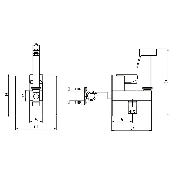 IO Orion Ducha higiénica inodoro - Cromo - Dibujo técnico de un grifo de bidé con todas las dimensiones.