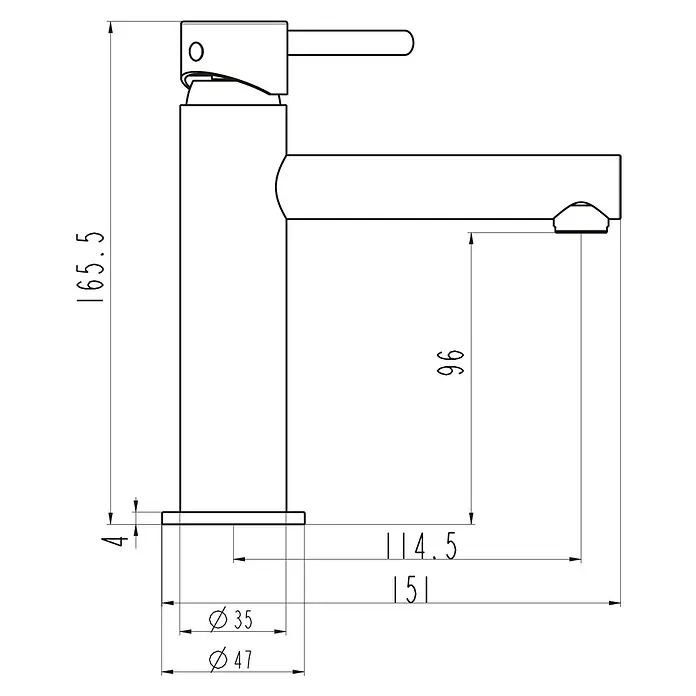 IO Grifo de lavabo Mio - Cromo, Brillante - Ilustración de un grifo con dimensiones de altura, alcance y diámetro de la base y el cuerpo. Ideal para baño o cocina.