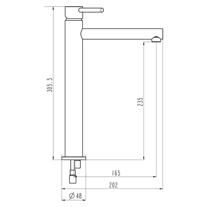 IO Grifo de lavabo alto Mio - Cromo, Brillante - Dibujo técnico de un grifo con dimensiones que indican altura, alcance y diámetro para una descripción detallada del producto.