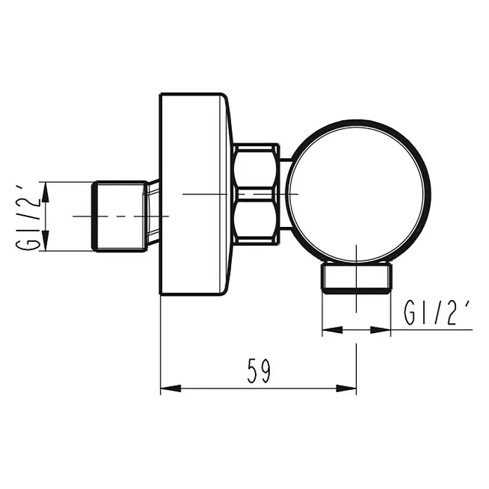 IO Helios Grifo monomando de ducha - Cobre - Detalles del producto: Diagrama esquemático de un grifo con dimensiones, incluyendo conexiones G1/2 pulgada y una longitud total de 59 mm.