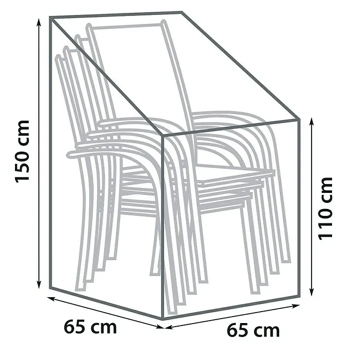 Sunfun Stapelsessel-Schutzhülle - L x B x H: 65 x 65 x 150 cm, Polyester Oxford 42OD, Schwarz - Bild einer Schutzhülle für gestapelte Stühle mit den Maßen 150x65x65 cm und 110x65x65 cm.