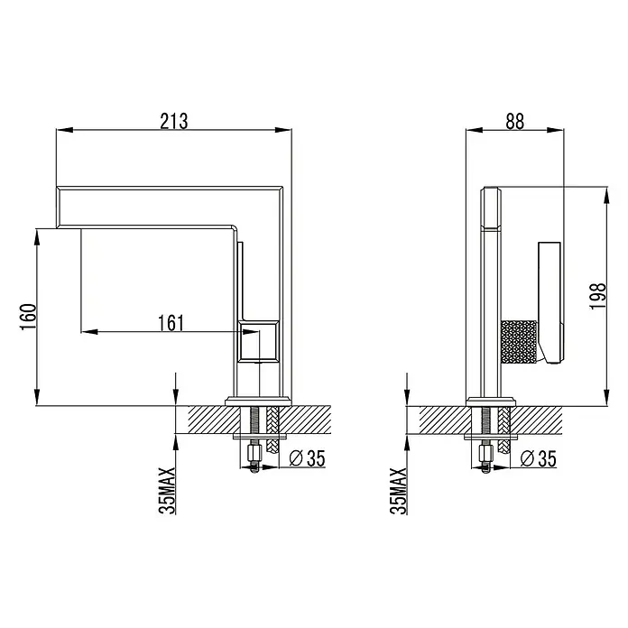 IO Grifo de lavabo Paladio - Cromo, Brillante - Dibujo técnico de un grifo moderno, detallando las dimensiones para la instalación y el tamaño total.