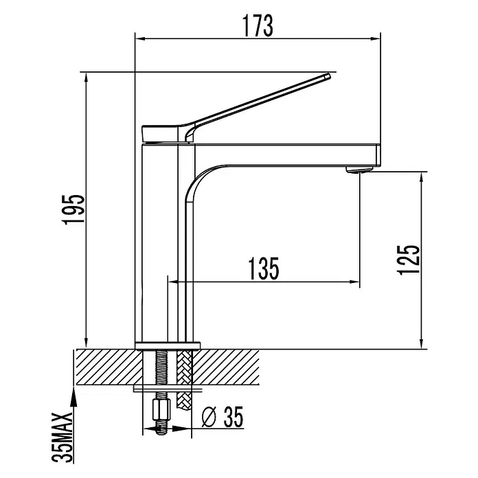 IO Tarsio Grifo de lavabo - Cromo - Dibujo esquemático de un grifo con dimensiones: 173 mm (ancho), 195 mm (alto), 135 mm (proyección) y 125 mm (altura del caño).