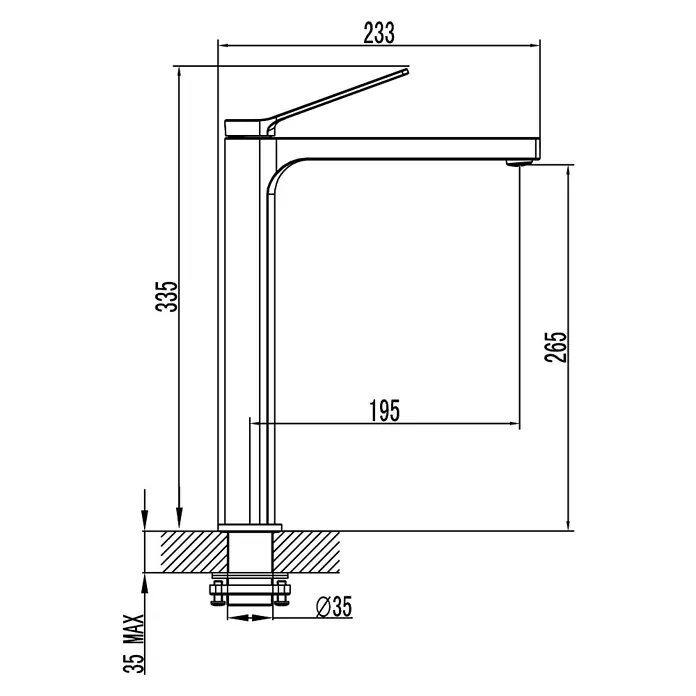 IO Tarsio Grifo de lavabo alto - Cromo - Imagen de un grifo con dimensiones. El diseño es moderno y minimalista, con medidas precisas claramente indicadas.
