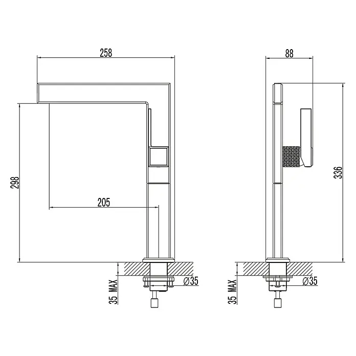 IO Grifo de lavabo alto Paladio - Cromo, Brillante - Dibujo técnico de un grifo con dimensiones como altura, alcance y diámetro del orificio de montaje para lavabos.