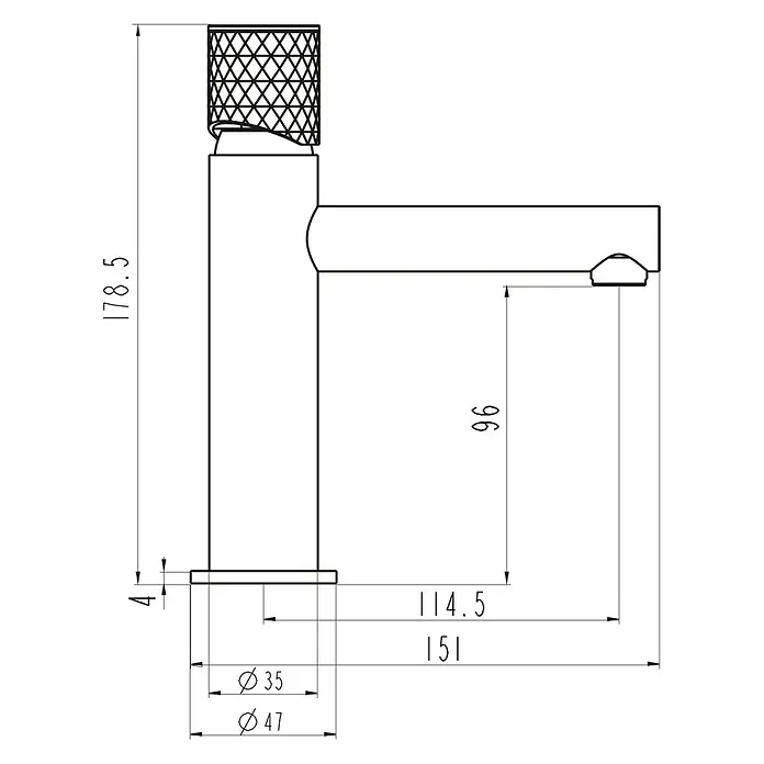 IO Grifo de lavabo Radio - Cromo, Brillante - Imagen del producto de un dibujo técnico de un grifo con dimensiones detalladas.