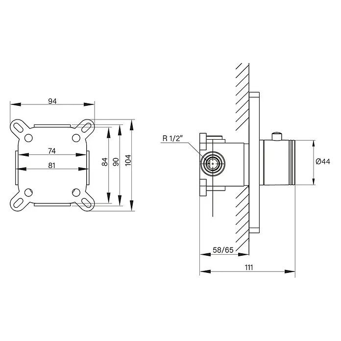 IO Grifo monomando de ducha empotrado Universal - Cromo - Dibujo del producto con dimensiones. Una vista detallada del accesorio con todas las dimensiones relevantes.