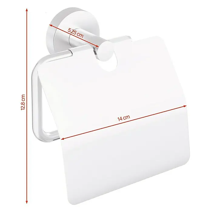 Tesa Moon Papierrollenhalter - Mit Deckel, Edelstahl, Matt - Bild eines weißen Toilettenpapierhalters mit den Maßen 12,8 cm Höhe, 14 cm Breite und 5,25 cm Tiefe.