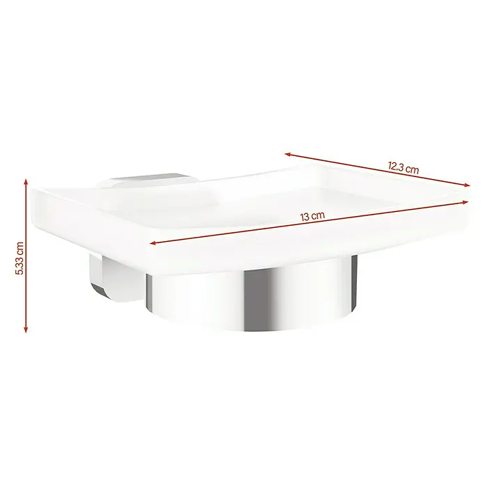 Tesa Elegaant Seifenschale - Glas, Chrom/Weiß - Seifenschale mit den Maßen 13 cm Länge, 12,3 cm Breite und 5,33 cm Höhe. Die Schale ist weiß und die Halterung ist aus glänzendem Chrom.