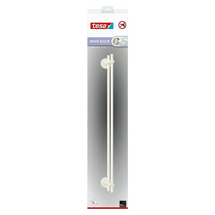 Tesa Moon Badetuchhalter - Breite: 64 cm, Weiß, Matt - Produktverpackung der Tesa MOON WHITE Handtuchstange: stilvolle, matte Metall-Handtuchstange zur einfachen und schnellen Wandmontage ohne Bohren.