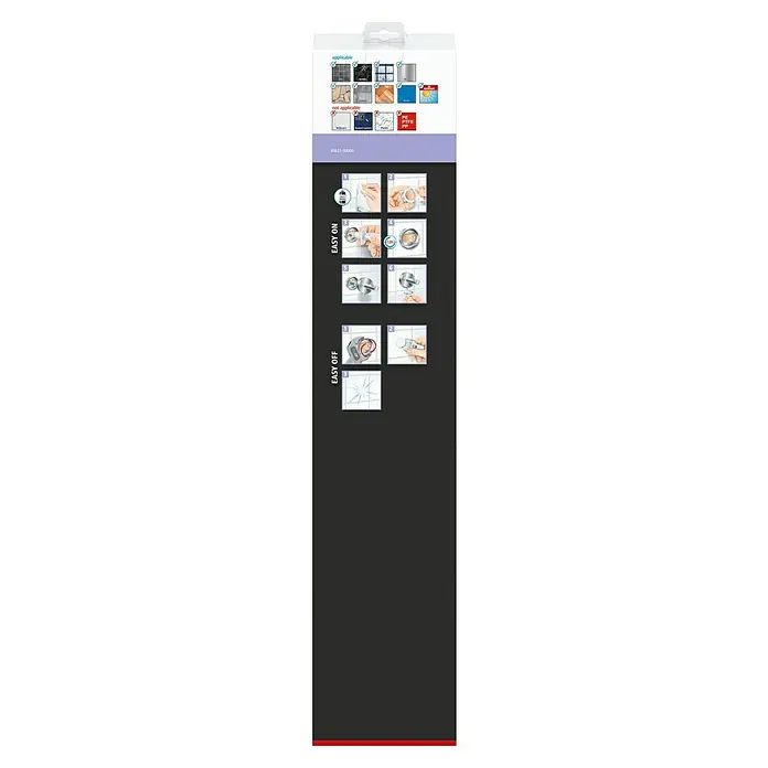 Tesa Moon Badetuchhalter - Breite: 64 cm, Schwarz, Matt - Das Bild zeigt die Anbringungs- und Demontageanleitung für einen Artikel, wobei "Easy On" und "Easy Off" hervorgehoben werden, um die Benutzerfreundlichkeit zu demonstrieren.