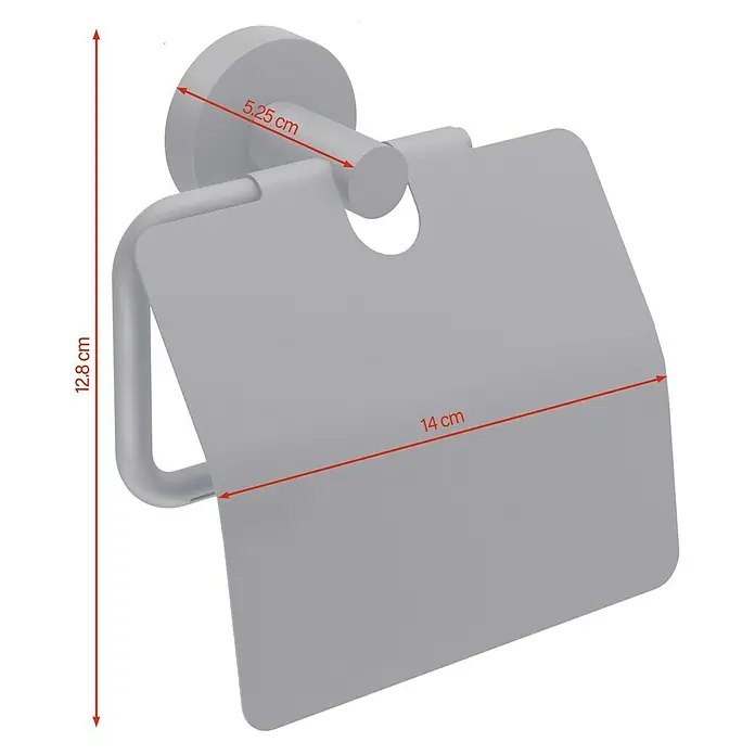 Tesa Moon Papierrollenhalter - Mit Deckel, Schwarz, Matt - Abbildung eines Papierrollenhalters mit den Maßen 12,8 cm Höhe, 5,25 cm Tiefe und 14 cm Breite.