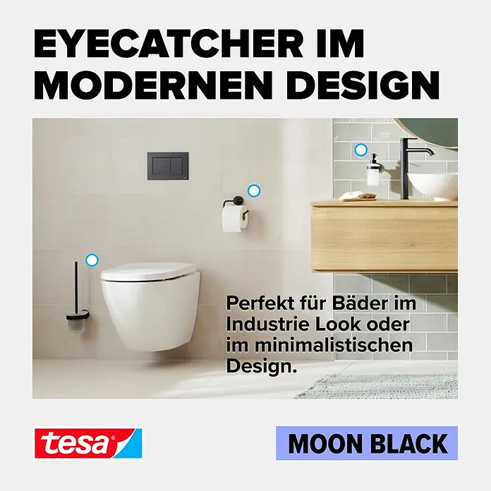 Tesa Moon Badetuchhalter - Breite: 64 cm, Schwarz, Matt - Bild eines Badezimmers im modernen Design mit "Moon Black" Accessoires von Tesa, die ein industrielles oder minimalistisches Aussehen erzeugen.