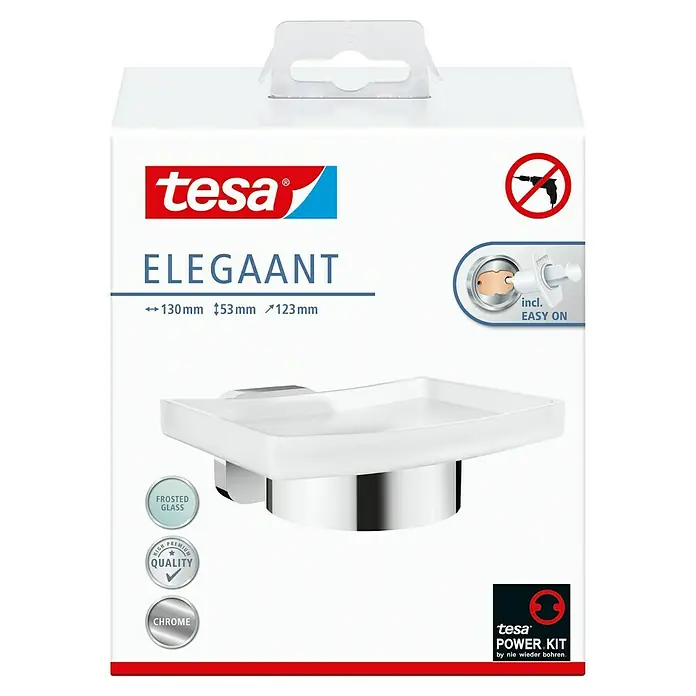 Tesa Elegaant Seifenschale - Glas, Chrom/Weiß - Produktverpackung für Tesa Elegaant Seifenschale aus satiniertem Glas mit Chrom-Akzenten, einfache Montage ohne Bohren.