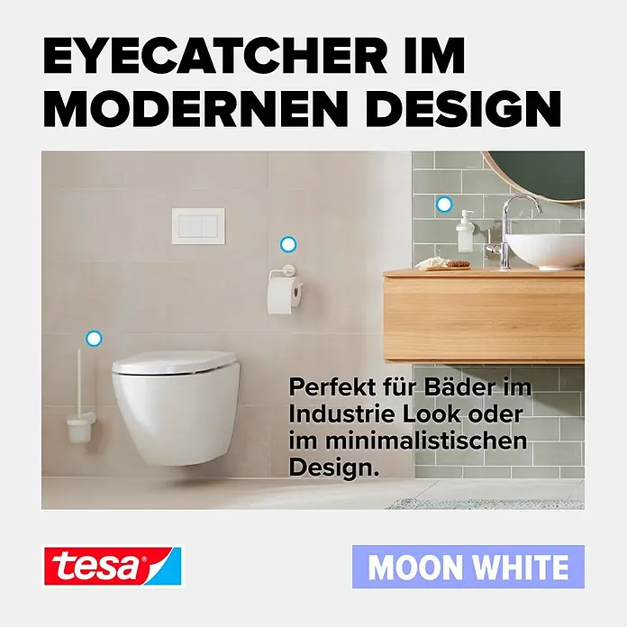 Tesa Moon Badetuchhalter - Breite: 64 cm, Weiß, Matt - Ein Badezimmer im modernen Design mit Produkten von Tesa, die für einen industriellen oder minimalistischen Look geeignet sind.