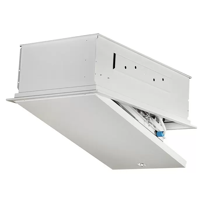 Wippro Bodentreppe Eurostep - 130 x 70 cm, Wärmedämmung: 0,7 W/(m²K) - Weißes Decken-Einbaupaneel, teilweise geöffnet, zeigt internen Hebemechanismus mit Federn.