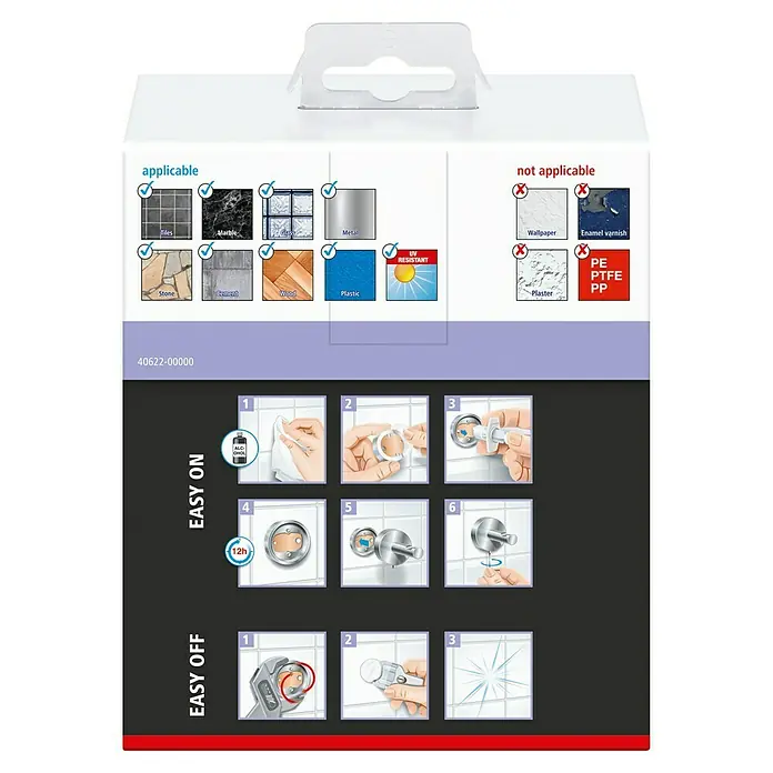 Tesa Moon Papierrollenhalter - Mit Deckel, Schwarz, Matt - Montageanleitung für ein Produkt, das auf Fliesen, Marmor, Glas, Metall, Stein, Zement, Holz und Kunststoff angebracht werden kann, aber nicht auf Tapeten oder Lack.