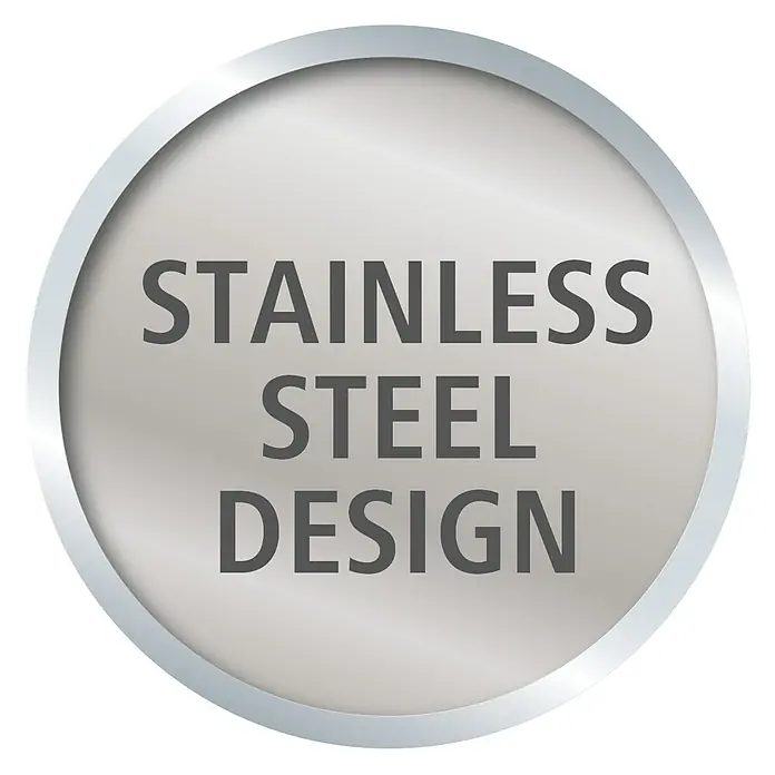 Tesa Moon Seifenspender - Mit Halterung, Edelstahl/Weiß, Matt - Runder Aufkleber mit dem Schriftzug "STAINLESS STEEL DESIGN" in einem stilvollen Edelstahl-Design.