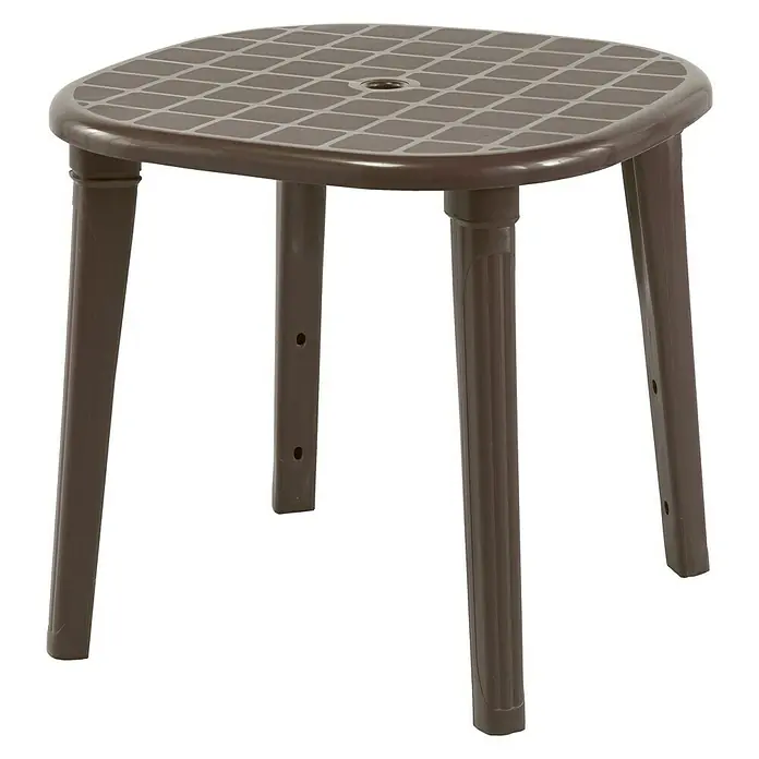 Mesa de jardín redonda Cancún - Ø x Al: 80 x 73 cm, Marrón, Apilable - Mesa cuadrada de plástico marrón con orificios en las patas y un orificio en el centro del tablero.