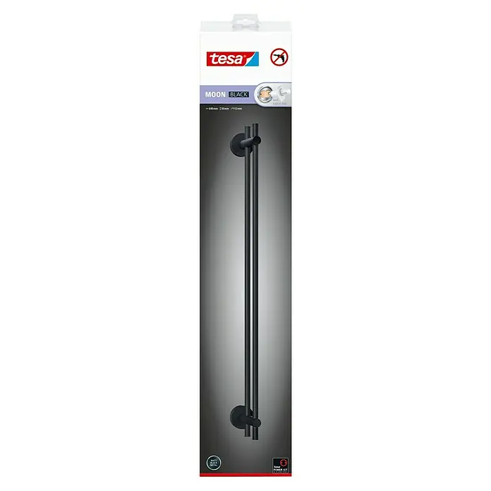Tesa Moon Badetuchhalter - Breite: 64 cm, Schwarz, Matt - Das Bild zeigt die Tesa Moon Handtuchstange in Schwarz. Das Produkt ist modern gestaltet und für Badezimmer konzipiert. Sie bietet eine stilvolle Aufbewahrung für Handtücher.