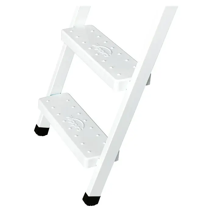Wippro Bodentreppe Eurostep - 130 x 70 cm, Wärmedämmung: 0,7 W/(m²K) - Nahaufnahme einer weißen Haushaltsleiter mit zwei Stufen und rutschfesten Füßen für sicheren Stand.