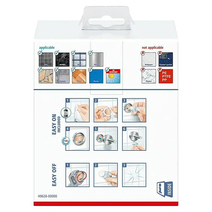 Tesa Elegaant Seifenschale - Glas, Chrom/Weiß - Produktverpackung: Anwendbare und nicht anwendbare Oberflächen, einfache Montage/Demontage.