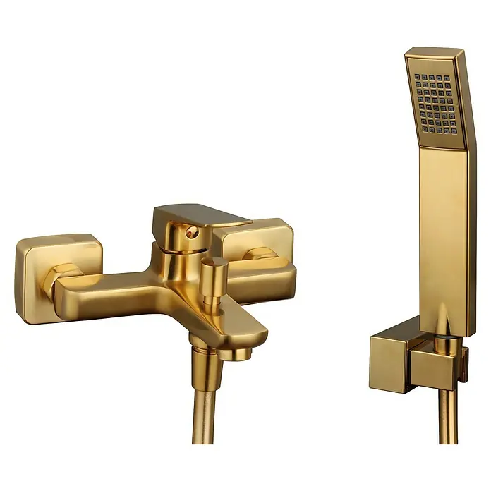 IO Marriot Grifo monomando de bañera - Oro, Satinado - Moderna grifería dorada para bañera con ducha de mano. Diseño elegante para una experiencia de baño lujosa.
