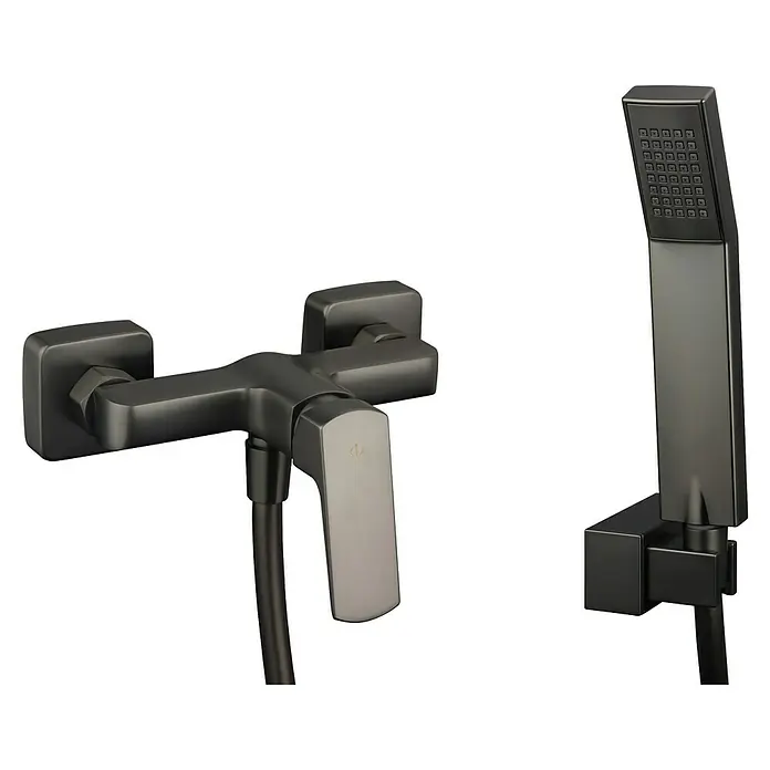 IO Marriot Grifo monomando de ducha - Titanio - Grifo de baño moderno negro mate con teleducha. Diseño elegante para ducha y bañera.
